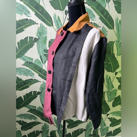 Vintage Carole Tomkims Women’s Linen Button Down Colorblock top L the big shirt - Picture 3 of 6